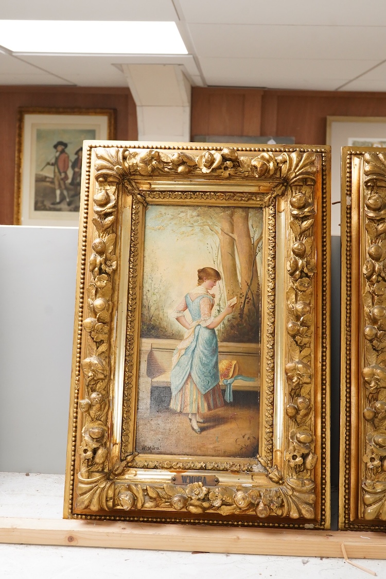 W. Mora, 19th century, Full length studies of young beauties, each signed, pair of oils on board, 29 x 14cm, housed in gilt frames